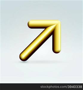 Golden shining rounded polished metallic arrow pointing right up over light neutral background