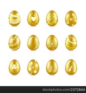 Golden shiny Easter eggs with various white ornaments, smooth glossy texture. Traditional happy life and wealth symbols. Collection of twelve isolated 3D vector elements for design, prints. Realistic golden Easter eggs with floral and geometric patterns