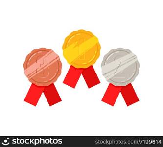 Golden silver and bronze winner award medals with red ribbons isolated vector set illustration. First second and third place concept collection.