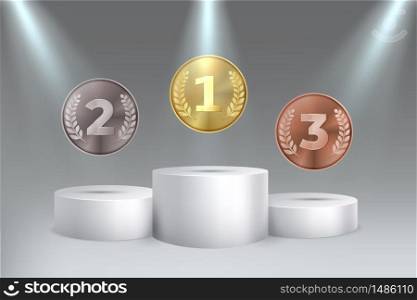 Golden, silver, bronze awards for first, second, third place on podium. Medals on pedestal vector 3d realistic illustration. Winner three places pedestal. Golden, silver, bronze awards for first, second, third place on podium. Medals on pedestal vector 3d realistic illustration