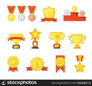 Golden, silver, bronze medals, cups and badges vector cartoon set. Winners trophies awards collection on white studio background. Ch&ionship, triumph, goal achievement concept. Prize design element.