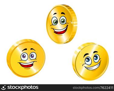 Golden smiling coins set in cartoon style for business concepts