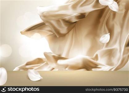 Golden smooth satin with petals effect in 3d illustration. Golden smooth satin background