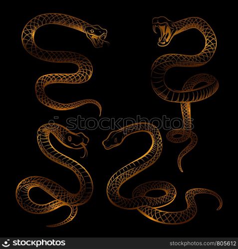 Golden snake set. Hand drawn snakes isolated on black background. Vector illustration. Golden snake set. Hand drawn snakes