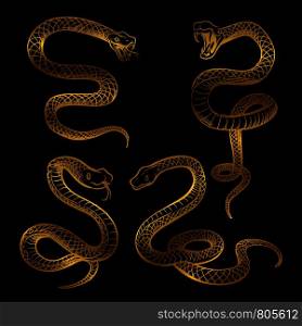 Golden snake set. Hand drawn snakes isolated on black background. Vector illustration. Golden snake set. Hand drawn snakes