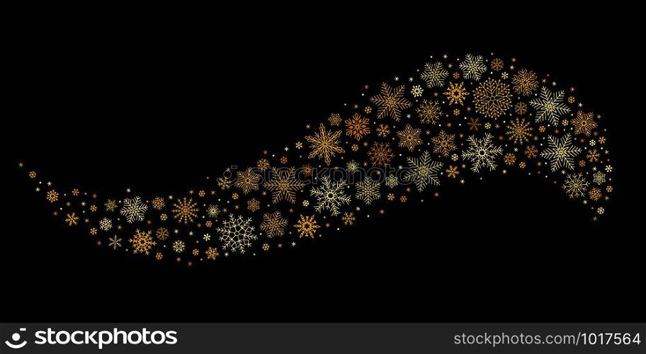 Golden snowflake wave. Gold snowflakes stream, winter snow gift card or luxury celebration snow sand paillette wind. Glitter trail or confetti burst christmas golden isolated vector background. Golden snowflake wave. Gold snowflakes stream, winter snow gift card isolated vector background