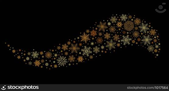 Golden snowflake wave. Gold snowflakes stream, winter snow gift card or luxury celebration snow sand paillette wind. Glitter trail or confetti burst christmas golden isolated vector background. Golden snowflake wave. Gold snowflakes stream, winter snow gift card isolated vector background