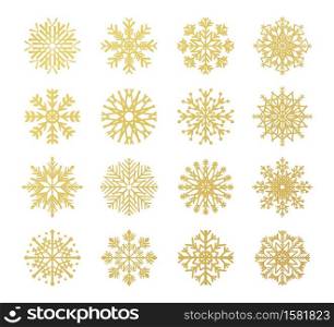 Golden snowflakes. Christmas design templates for decoration and greeting cards. Wrapping paper mockup, winter festive textile. Collection ice crystals decorative elements. Vector isolated snow set. Golden snowflakes. Christmas design templates for decoration and greeting cards. Wrapping paper mockup, winter festive textile. Ice crystals decorative elements vector isolated set