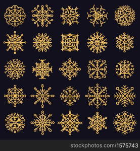 Golden snowflakes. Winter frosted snowflake, gold ice snow xmas stars, cold falling snowflake crystals isolated vector illustration icons set. Gold snowflake winter, frost ice golden. Golden snowflakes. Winter frosted snowflake, gold ice snow xmas stars, cold falling snowflake crystals isolated vector illustration icons set