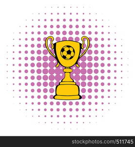 Golden soccer trophy cup icon in comics style isolated on white background. Golden soccer trophy cup icon, comics style