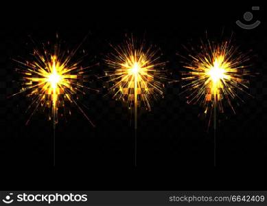 Golden sparklers that spread light on thin metal stick realistic isolated vector illustrations set on dark transparent background.. Golden Sparklers on Metal Stick Realistic Set