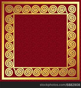 Golden square frame with Greek Meander pattern. Golden square frame with traditional vintage Greek Meander pattern on red background for design template.