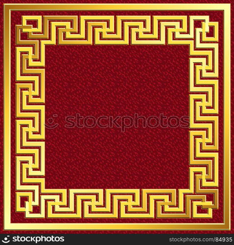 Golden square frame with Greek Meander pattern. Golden square frame with traditional vintage Greek Meander pattern on red background for design template.