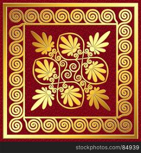 Golden square frame with Greek Meander pattern. Golden square frame with traditional vintage Greek Meander and floral pattern on red background for design template.