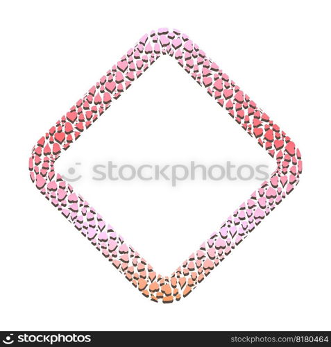 Golden square hearts frame for decorative headers. Pink gold metal valentine ornament isolated on white background. Vector