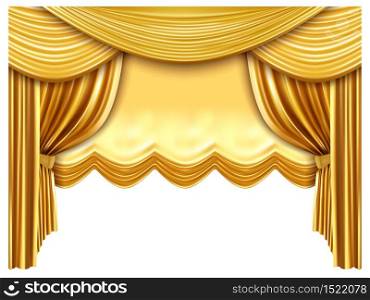Golden stage curtain. Realistic silk curtains, luxury opera scene backdrop, gold opera, theater scene portiere drapes vector illustration. Opera and concert premiere, fabric velvet. Golden stage curtain. Realistic silk curtains, luxury opera scene backdrop, gold opera, theater scene portiere drapes vector illustration
