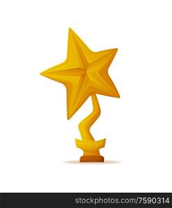 Golden star trophy award vector isolated icon. Reward in shape of reel with stripe on pedestal with name table, champion reward. Golden Star Trophy Award