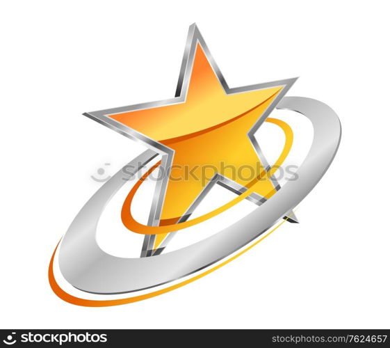 Golden star with circular gold and silver orbits for a festive holiday icon or sign of quality design