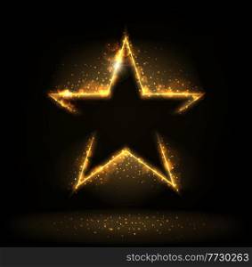 Golden star with sparkle, glitter, stardust and glow bokeh, shiny gold star. Vector star with glowing edges, empty border with shimmer and lens flare effect. Award celebration template background. Golden star with sparkle, glitter, stardust glow
