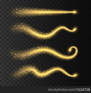 Golden stardust trails collection isolated on transparent background. Magic swirls with sparkles, glowing light effect, yellow shiny stars. Vector illustration.. Golden stardust trails collection isolated on transparent background. Magic swirls with sparkles, glowing light effect, yellow shiny stars.