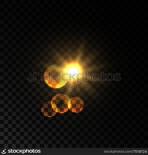 Golden sun light with lens flare effect. Glowing magic light flash. Glittering star bokeh. Sunshine on transparent background. Golden spot light with lens flare effect