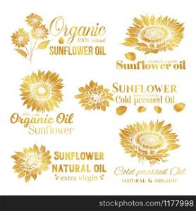 Golden Sunflower Oil Logos Set, Technology Wildflower Logo Templates for Brabding Identty. Gold Vector Isolated Flowers Hand Drawings with Lettering. Golden Sunflower Oil Logos Set, Technology Logo Templates