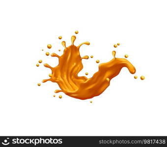 Golden swirl splash with drops. Juice or toffee wave with splatters. Vector drink, liquid sugar candy wavy splash with cream texture. Isolated realistic 3d splashing swirl motion with spray droplets. Golden swirl splash with drops, juice or toffee