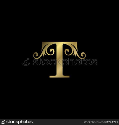 Golden T Initial Letter luxury logo icon, vintage luxurious vector design concept alphabet letter for luxuries business.