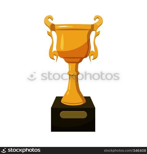 Golden trophy cup icon in cartoon style on a white background. Golden trophy cup icon, cartoon style