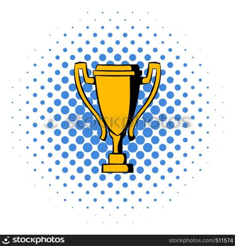 Golden trophy cup icon in comics style isolated on white background. Golden trophy cup icon, comics style
