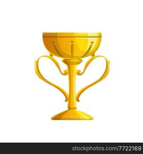 Golden trophy cup vector icon of isolated winner award or champion prize. Gold goblet of sport championship, game, competition, contest or tournament, leadership reward and victory celebration concept. Golden trophy cup icon, winner award or prize