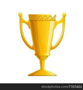 Golden trophy cup vector icon with isolated winner or champion award. Cartoon gold goblet or bowl with handles, sport tournament trophy, achievement reward, honor prize and gift, victory celebration. Golden trophy cup icon, winner or champion award