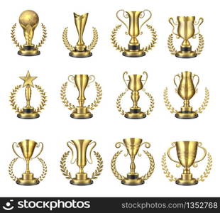 Golden trophy cups. Gold goblets and figures with laurel wreath, cup for champion. Vector realistic sports prize or business awards, football star victories trophies. Golden trophy cups. Gold goblets and figures with laurel wreath. Vector realistic sports prize or business awards