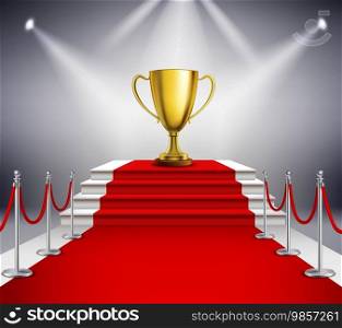 Golden trophy on white stairs covered with red carpet and illuminated by spotlight realistic vector illustration. Red Carpet With Trophy