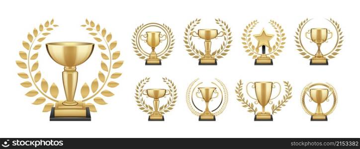 Golden trophy. Winner gold cup, realistic award with wreath. Sport competition, championship leader. First place awards, anniversary isolated vector elements. Illustration golden winner champion cup. Golden trophy. Winner gold cup, realistic award with wreath. Sport competition, championship or leader. First place awards, anniversary isolated vector elements
