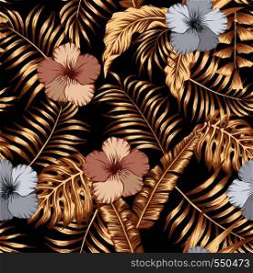 Golden tropical leaves and bronze, silver hibiscus flowers seamless vector pattern on the black background
