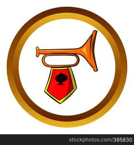 Golden trumpet with a red flag vector icon in golden circle, cartoon style isolated on white background. Golden trumpet vector icon, cartoon style