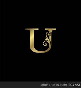 Golden U Initial Letter luxury logo icon, vintage luxurious vector design concept alphabet letter for luxuries business.