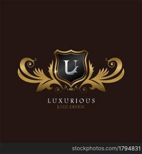 Golden U Logo Luxurious Shield, creative vector design for luxury brand identity.