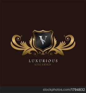 Golden V Logo Luxurious Shield, creative vector design for luxury brand identity.