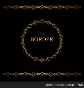 Golden vector geometrical border and circle frame on black background. Golden geometrical border and circle frame