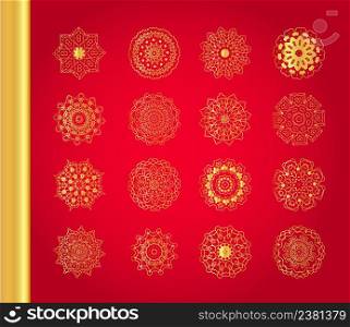 Golden vector traditional snowflakes on red background.. Original Christmas decoration set
