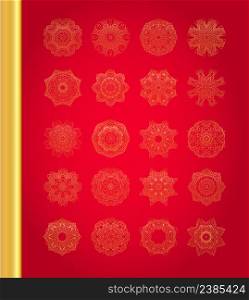 Golden vector traditional snowflakes on red background.. Original Christmas decoration set