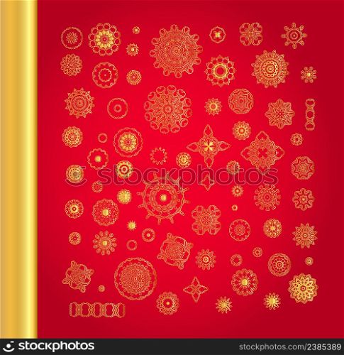 Golden vector vintage snowflakes on red background.. Ornamental gold oriental mandala set