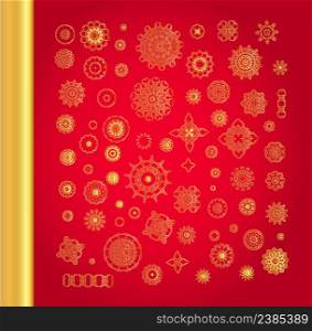 Golden vector vintage snowflakes on red background.. Ornamental gold oriental mandala set
