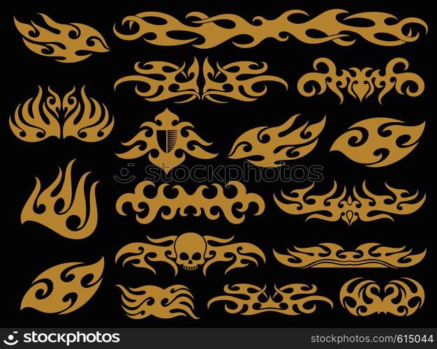 Golden vehicle motorcycle flames set design on black background. Vector pattern fire design, speed racing auto decoration illustration. Golden vehicle motorcycle flames set design on black background