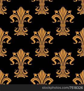 Golden victorian fleur-de-lis seamless pattern on black background with ornament of heraldic lilies, adorned by leaf scrolls and flower buds. Vintage interior design. Golden victorian fleur-de-lis seamless pattern