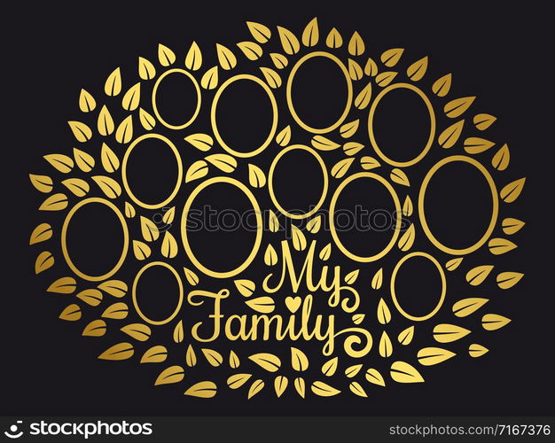 Golden vintage genealogy tree. Genealogical family tree vector illustration on black background. Genealogical tree connection generation. Golden vintage genealogy tree. Genealogical family tree vector illustration on black background