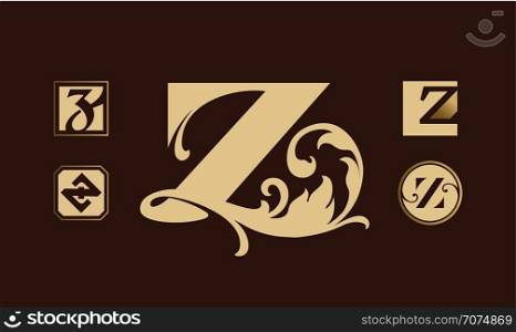 Golden vintage monograms set. Heraldic logos with letter Z.
