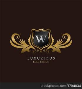 Golden W Logo Luxurious Shield, creative vector design for luxury brand identity.